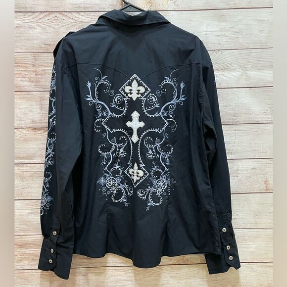 EL GENERAL WESTERN SHIRT IN BLACK WITH CROSS AND FLEUR DE LIS - Picture 2 of 8